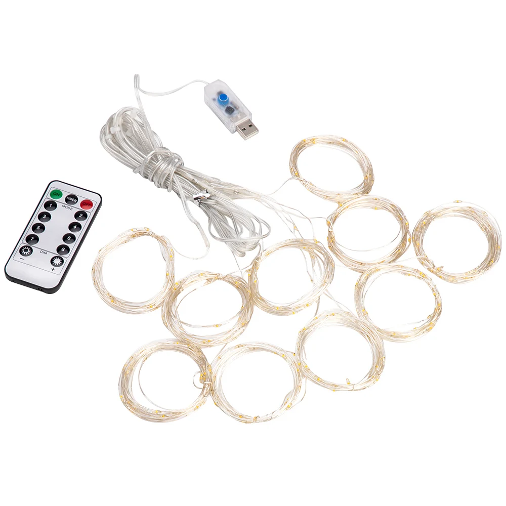 Lampada a tenda a LED Ghirlanda Luce a stringa in rame bianco Telecomando USB Tenda luminosa Ghirlanda Luce natalizia per camera da letto Esterno_voghion.com