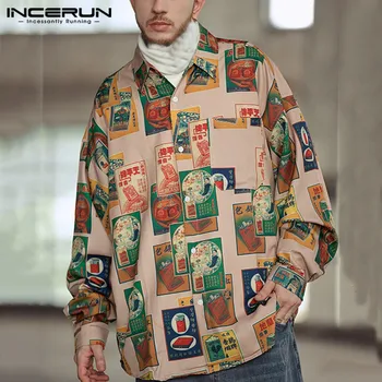 

Stylish Men Casual Printing Shirt Brand Lapel Button Loose Streetwear 2020 Long Sleeve Blouse Shirts Men Harajuku S-3XL INCERUN