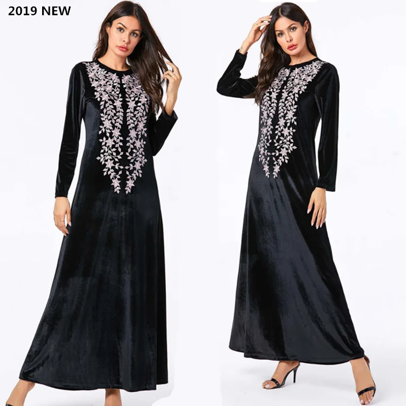 Новые зимние мусульманские платья длинное мусульманское платье бархатный скромный мусульманский вечерние платья Вышивка мусульманское