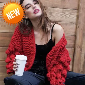 

Crocheted Solid Lantern Sleeve Cardigans Women Candy Color Oversiezd Knitted Sweater Winter Tops For Women Knitwear
