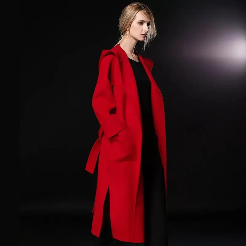 Красное длинное шерстяное пальто с капюшоном для женщин, розовая Женская верхняя одежда, зима-осень, уплотненное длинное шерстяное пальто с поясом, модное тонкое кашемировое пальто - Цвет: Red