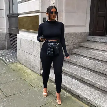 

Women Basic Solid Skinny Two Piece Set Casual Workout Active Wear Bodycon 2 Piece Set Long Sleeve Top And Pants Set