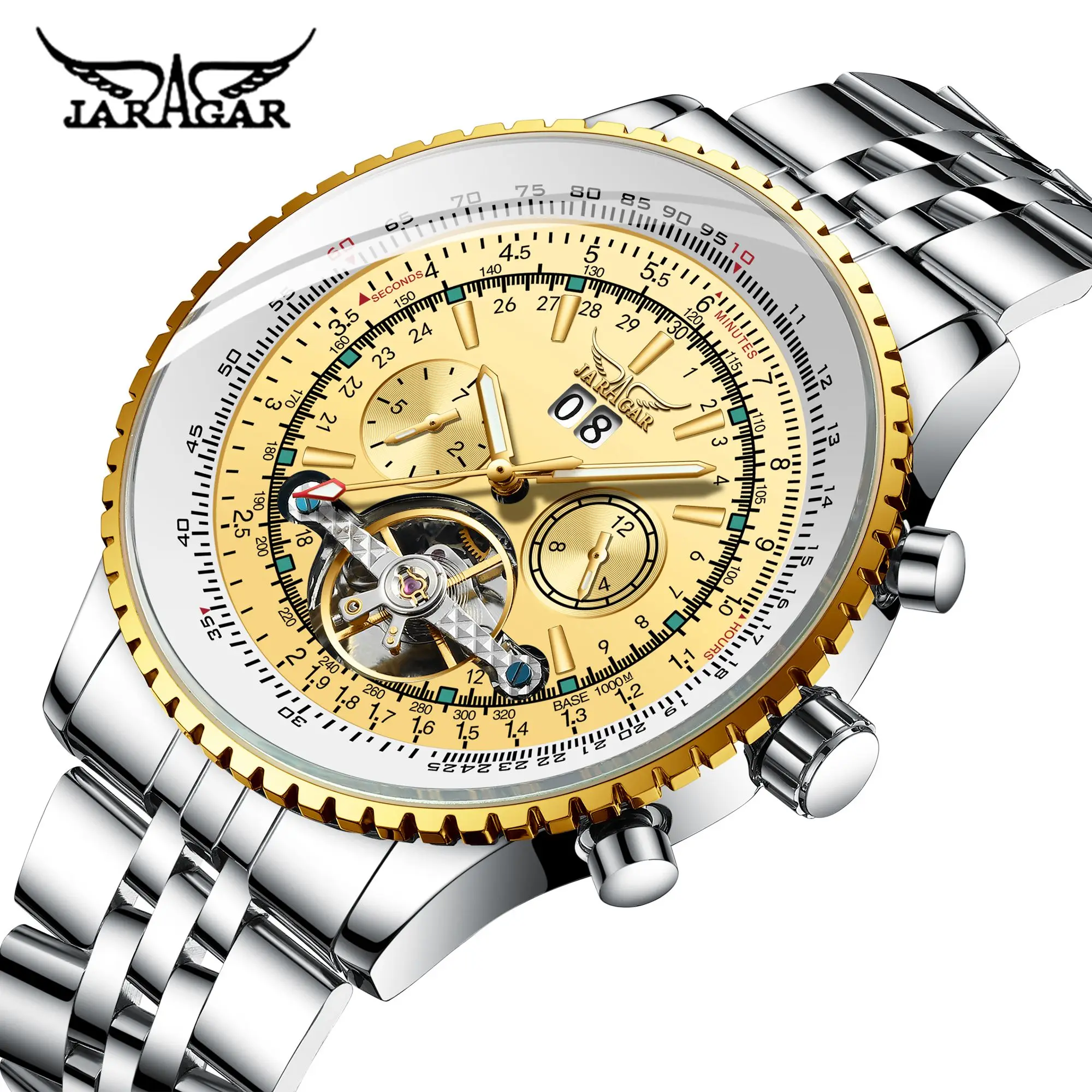 Luxury Brand JARAGAR Flying Series Golden Bezel Scale Dial Design Stainless Steel Mens Automatic Mechanical Watch Luminous Clock | Наручные
