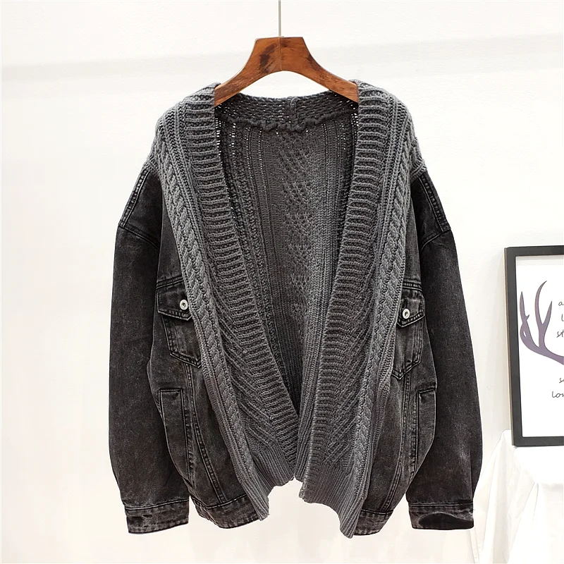 

2020 Autumn New Fashion Knitted Stitching Denim Jacket Women Loose Casual High Street Long sleeve Short Jeans Jacket Coat Female