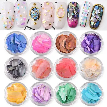 

12 Colors Irregular Shell Flakes Set Natural Crushed Stone Thin Slice Nail Stickers Tips 3D Nail Glitter Nail Art Decoration