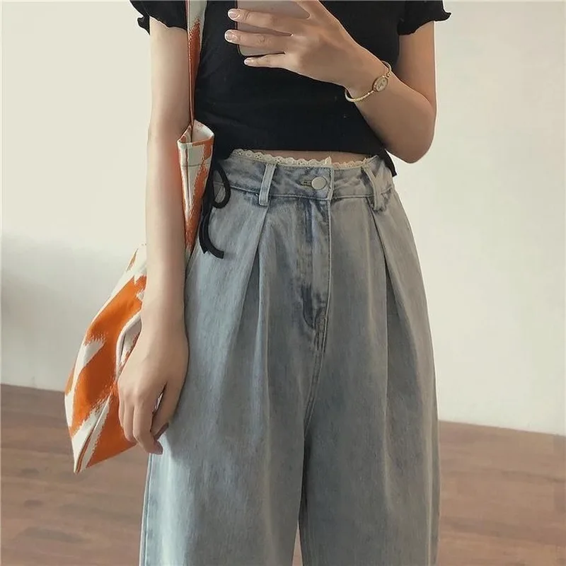 Denim Jeans Women Lace Spliced Retro 