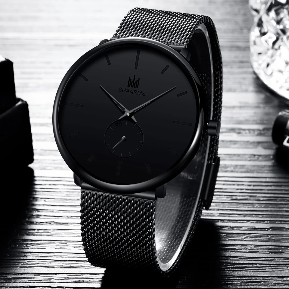 SHAARMS мужские черные часы с сетчатым ремешком, минимализм, аналоговые кварцевые часы, роскошные деловые наручные часы из нержавеющей стали - Цвет: A