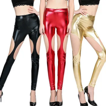 

2020 Summer Women Elastic PU Leather Velvet High Waist Leggings Cutout Slim Pants Colorful Trousers Female Sexy & Club FY104