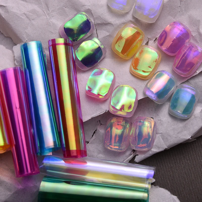 Nail Stickers Nail Art Decoration Nail Decals 100cm/bottle Aurora Nails Glass Foil Film Sticker Cellophane Paper Korean Nail Trend Design Ice Cube Manicure DIY Decoration