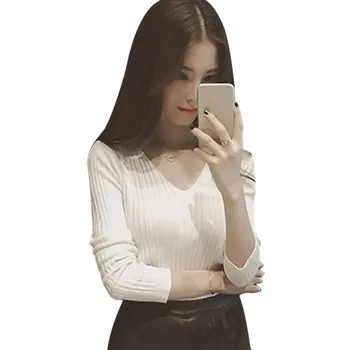

Sexy V-Neck Knit Sweaters Autumn Winter Women Long-Sleeved Off the Shoulder Pullovers Sweater Female Bottoming Shirt 2018