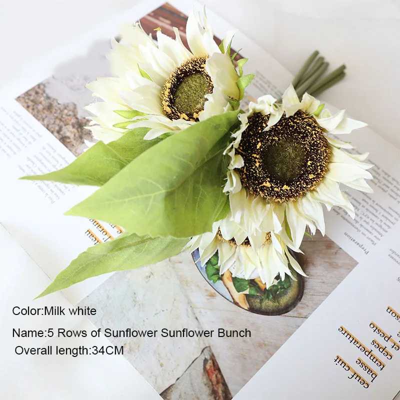 

5 Pcs Artificial Flowers Sunflower 5 Heads Bouquet Green Plants Home Decoration Accessories Fake Flowers Wedding Bride Bouquet