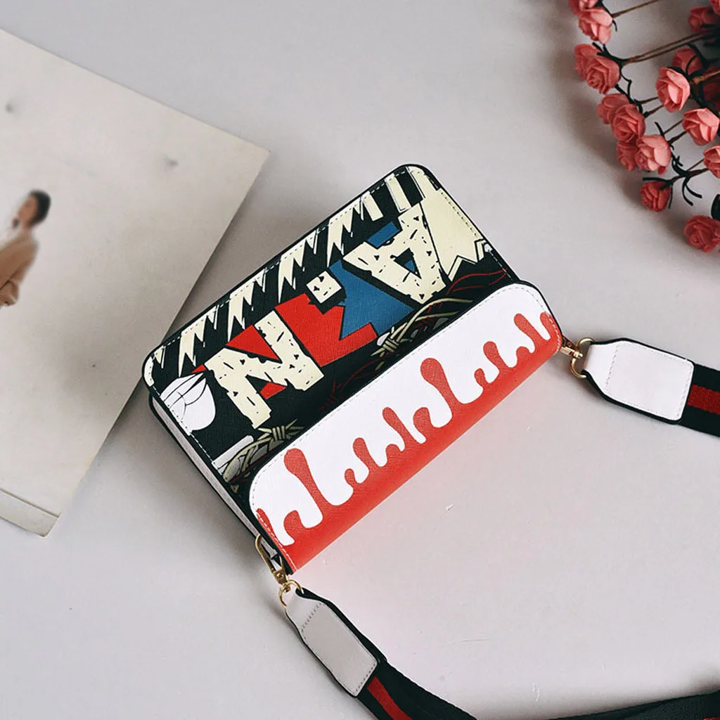 Модные граффити буквы сумки через плечо с печатным рисунком Женская красочная уникальная сумка на плечо для девочек маленькая квадратная сумка-мессенджер# YJ