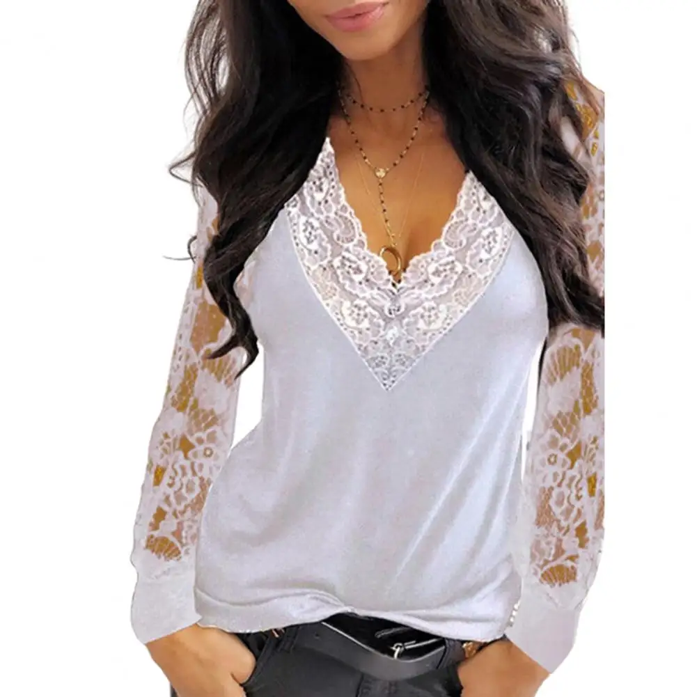 Female Tops Pullover Sexy Women Deep V Neck Lace Trim See Through Long Sleeve Blouse Top Blouse Solid Vintage Blouse Shirts 2021 women's shirts & tops Blouses & Shirts