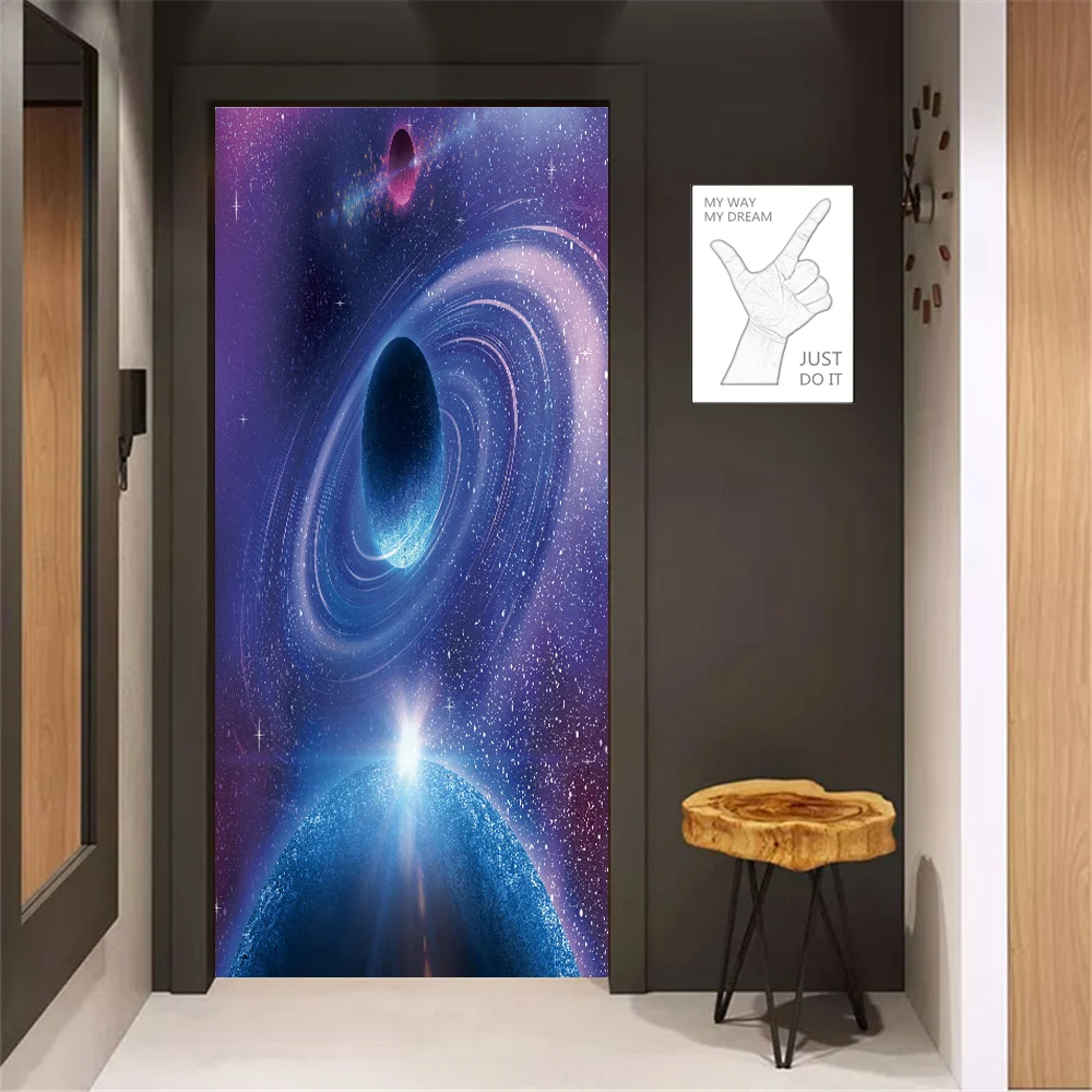 Starry Sky Adhesive Sticker for Kids Room PVC 3D Visual Door Sticker Wall Decor Universe Theme Children Bedroom Decoration Mural