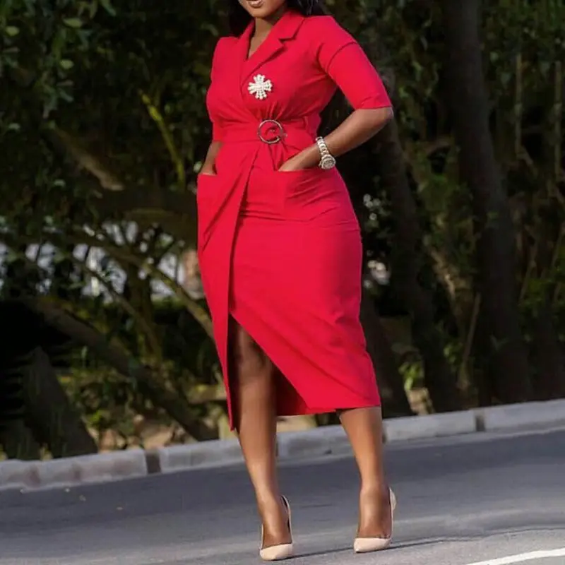 

Plus Size Elegant Office Dress Women 2019 Solid Party Retro Sashes Sexy Split Long Dresses Ladies Vestidos Blue/Red/Green M-2XL