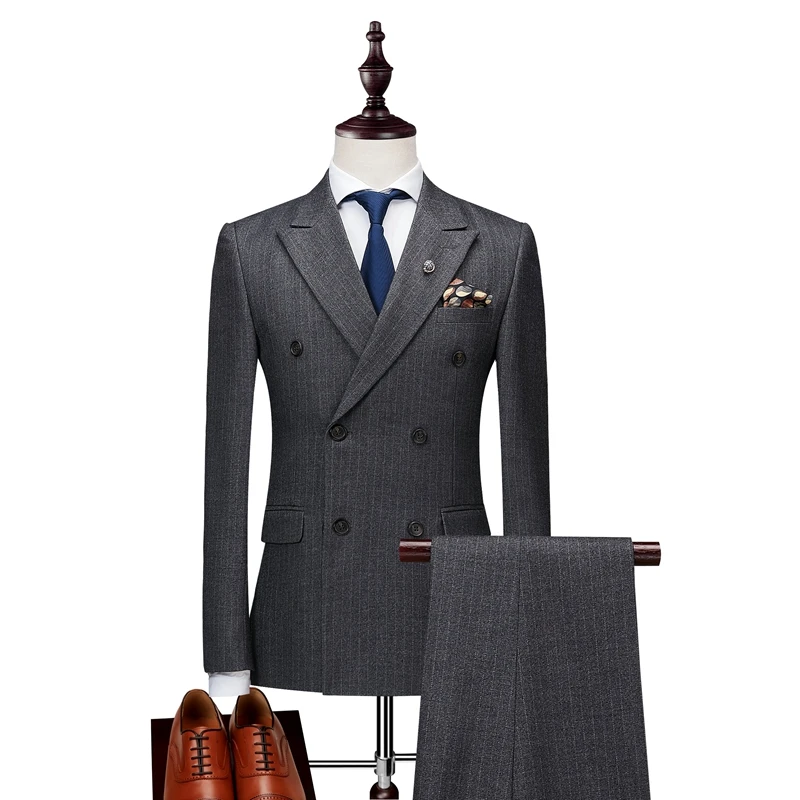 

Jackets+Pants+Vests Mens Double Breasted Suit 2019 Slim Fit Vertical Striped Suit Men Luxury Wedding Dress Blazer Suits Male