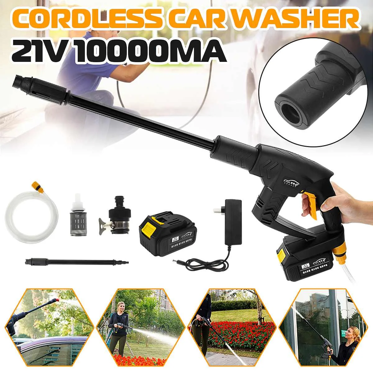 

7-12pcs/set 21V Cordless Rechargeable Car Washer Mashine 0.9Mpa High Pressure Nozzle Hose Cleaner+ 10000mA Battery Washing Pump
