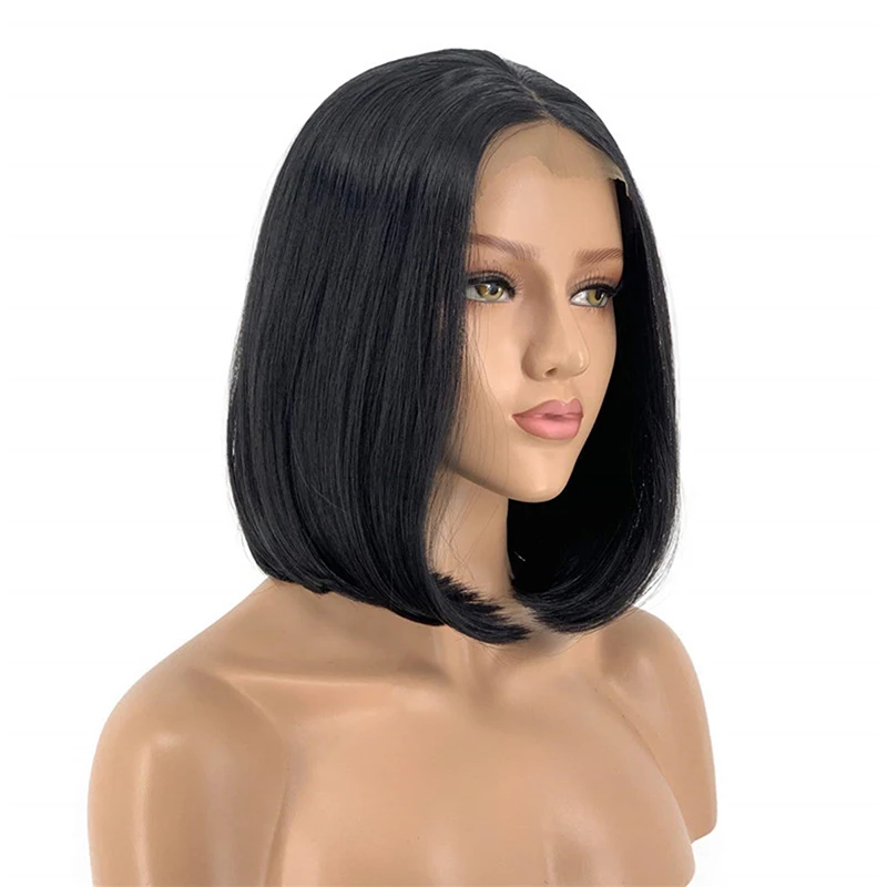 RONGDUOYI Silky Straight Black Short Bob Synthetic Lace Front Wigs with Middle Part for Women Realistic HandTied Daily Wear Wig