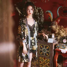 Ретро стиль цветы японский стиль ночная рубашка куртка Сексуальная юбка на подтяжках шелковая атласная пижама женский костюм из двух частей домашняя одежда