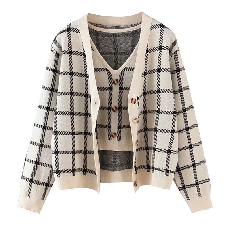 

1 set 2019 Autumn Korea Style Check Gingham Plaid Cardigan V neck Single-breasted Button Tank Top Knitted Sweater Vintage Jumper