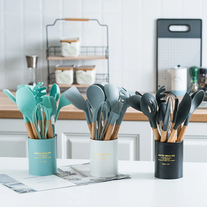 10/11/12/Set Silicone Kitchen Utensil Cooking Non-stick Spatula Shovel Tong Soup Ladle Wooden Handle Stainless Steel Storage Box