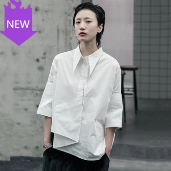 

New Lapel Long Sleeve Loose Fit Shirt Fashion Tide Spring Autumn Women White Asymmetrical Big Size Blouse