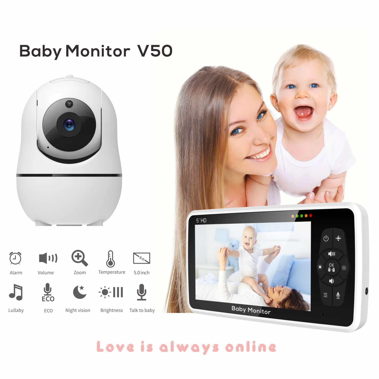 Nuovo Baby Monitor Video da 5 pollici con fotocamera e Audio, Zoom 4X, batteria da 22 ore, gamma di 1000 piedi sensore di temperatura Audio a 2 vie ninna nanna