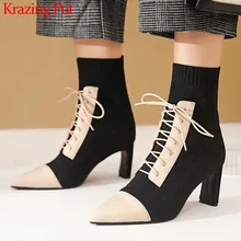 Krazing pot/разноцветные вязаные носки из коровьей кожи; модные ботинки с острым носком на высоком каблуке; зимние женские ботильоны на шнуровке; L3f8