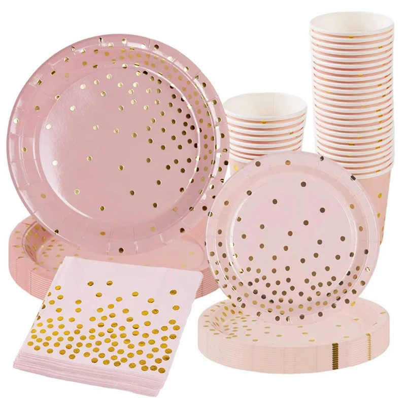 96 Pcs Pink Gold Dot Party Tableware Paper Plates and Napkins Cups for Wedding Bridal Shower Engagement Birthday | Дом и сад