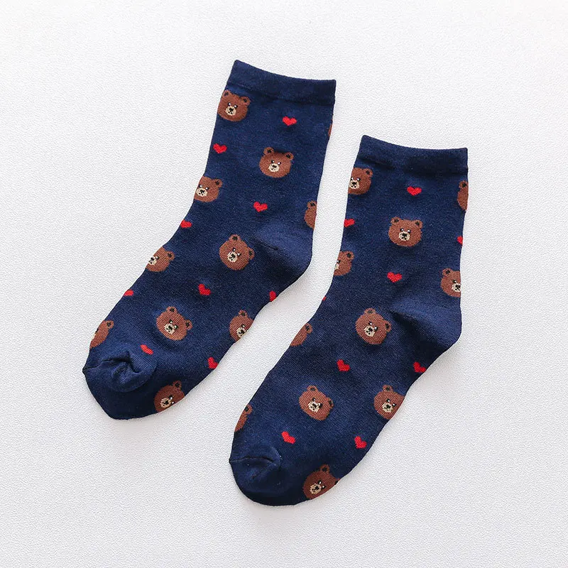 Милые модные хлопковые носки с мультяшным медведем для женщин; креативные милые женские мягкие весенне-зимние носки для девочек - Цвет: navy bear