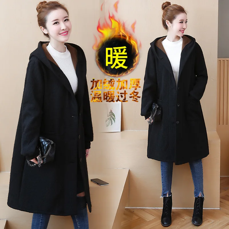 

2019 Brushed And Thick Hooded Warm Coat Mid-length Loose-Fit Slimming Cotton-padded Clothes Large Size Dress Cotton-padded Jacke