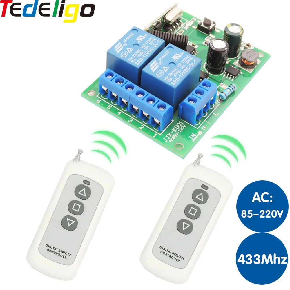 

433Mhz 500M Remote Control Switch for Light,Garage Door,Curtain Universal Remote AC 85-250V 2CH Relay Receiver and Controller