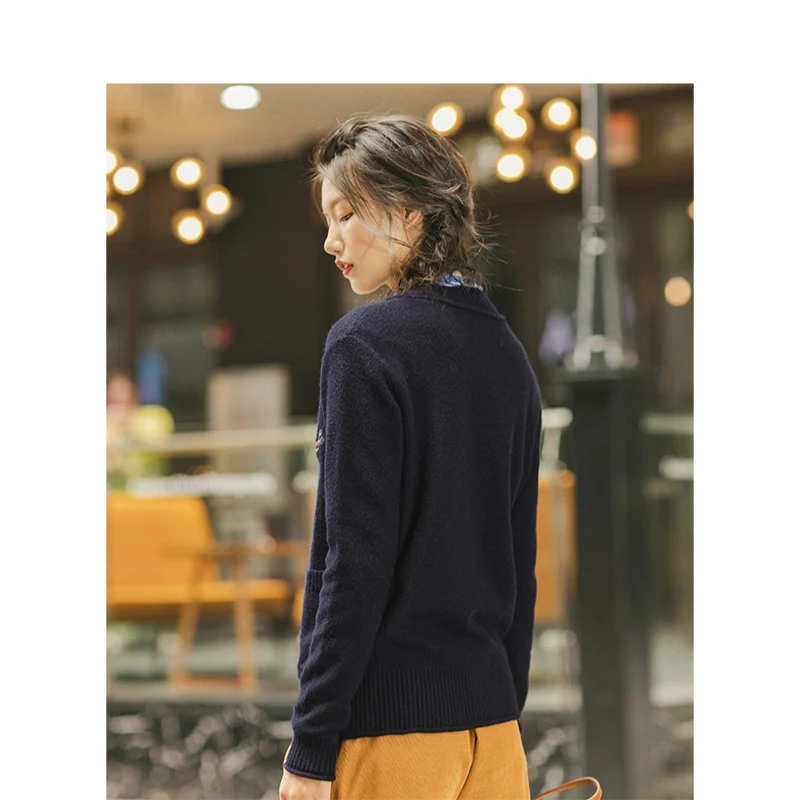 Günstige INMAN 2019 Herbst Neue Ankunft Ribbing Oansatz Stickerei Literarischen Alle Abgestimmt Tiefe Blau Retro Frauen Strickjacke