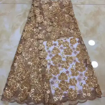 

African Lace Fabric 2019 French Sequins Net Lace Noble Gold Sequins Fabrics High Quality African Tulle Sequins Lace Fabric