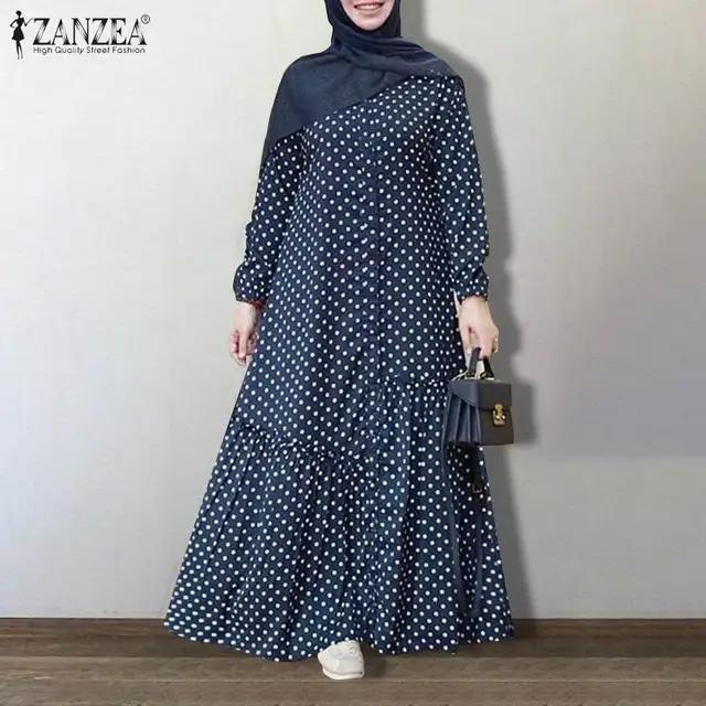 Kaftan Printed Muslim Maxi Dress Women's Autumn Sundress ZANZEA 2021 Causal Puff Sleeve Vestidos Female Polka Dot Button Robe 1