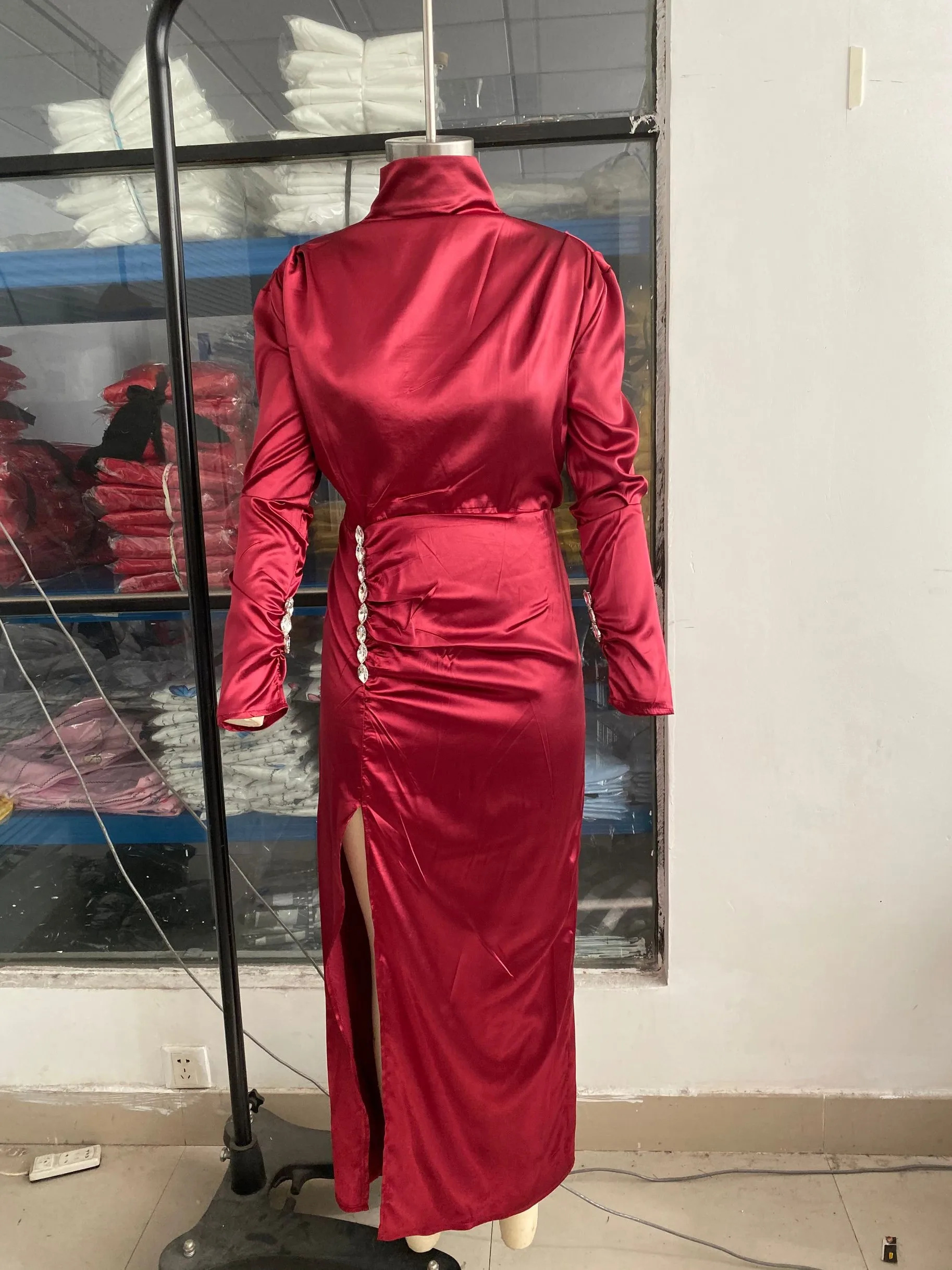 Women Sexy Splits Long Sleeve Maxi Dress High Neck Ruched Thigh Slit