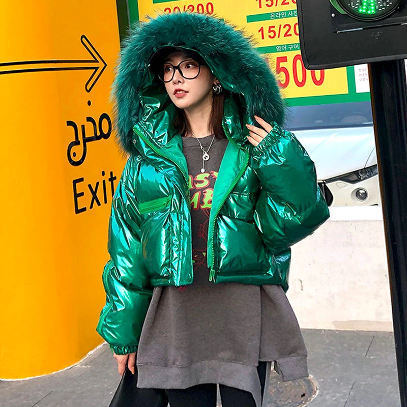 Зимнее женское пальто Воротник из натурального Лисьего меха лакированная кожа