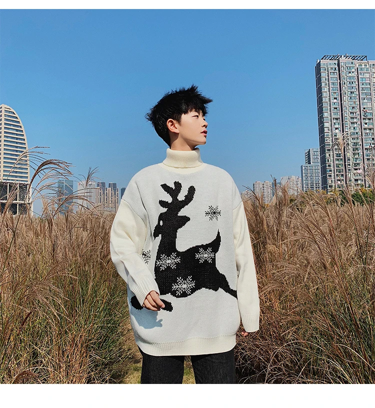 Winter Turtleneck Sweater Men's Warm Fashion Print Casual Knit Sweater Man Street Wild Loose Long Sleeve Pullover Men Clothes