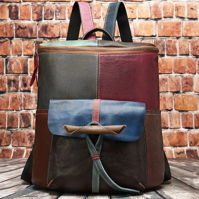 Кожаный винтажный женский рюкзак ручной работы, женские сумки, рюкзак из коровьей кожи, разноцветная сумка в стиле пэчворк