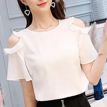 

Women Chiffon Blouses Black/White Summer Ladies Causal Off Shoulder Ruffles Shirts Women O-neck Short Sleeve Solid Tops