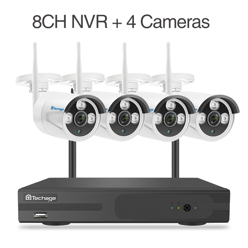 8CH NVR (4Cameras) Techage 8CH 1080P HD Wi-Fi NVR аудио 2.0MP Открытый всепогодный CCTV беспроводной IP камера безопасности системы видеонаблюдения комплект - Color: 8CH NVR (4Cameras)