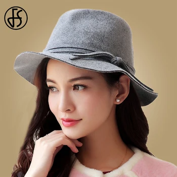 

FS Autumn Trilby Hat Female Warm Winter Wide Brim Fedoras Wool Felt Bowler Hats Women Black Gray Fedora Caps