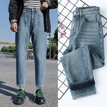 Зимние джинсы для женщин, женские плотные теплые однотонные джинсы с высокой талией, свободные джинсовые штаны-шаровары, флисовые джинсы, уличные штаны P9255