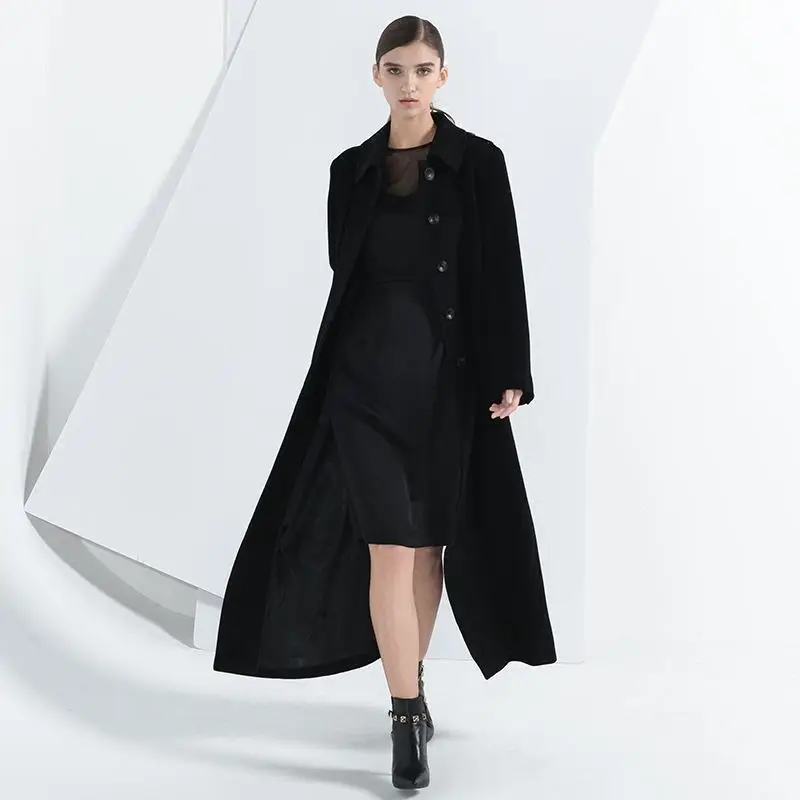 

Black Woolen Coat Thick Women New Loose Wool Blends Coat Winter Overcoat England Style Fashion Female Long Trench Coats