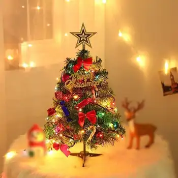 

30/45/60cm Mini Christmas Tree With Lights Small Accessories Bow Bells Pine Cone Gifts Christmas Desktop New Year Decorations