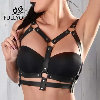 

Fullyoung Women Belts Punk Rock Halterneck Choker Gothic Leather Harness Body Bondage Cage Bustier Corset Sculpting Chest