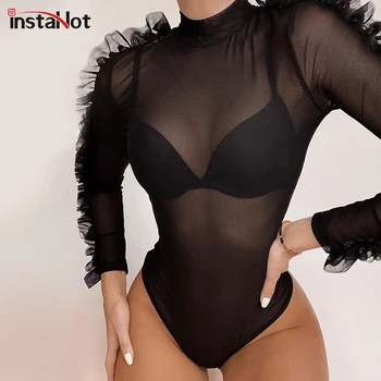 

Sexy New Black Sexy See Through MEsh Bodysuit Ruffle Sleeve Slim Skinny Ladies Romper Playsuit Women Autumn Party Club Bodysuit