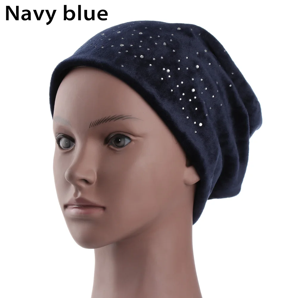 navy blue Зимняя бархатная шапка бини женская шапка блестящие стразы бини для женщин трикотажная шапка с черепами шапки Skullies Bonnet Прямая поставка - Цвет: navy blue