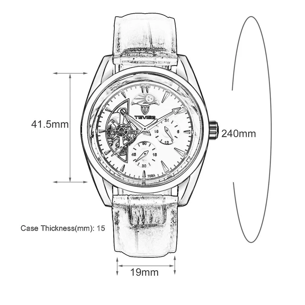 TEVISE Men Watch Tourbillon Automatic Leather Strap Watches Luxury Moon Phase Mechanical Waterproof Watch Hollow Out Dial 795a