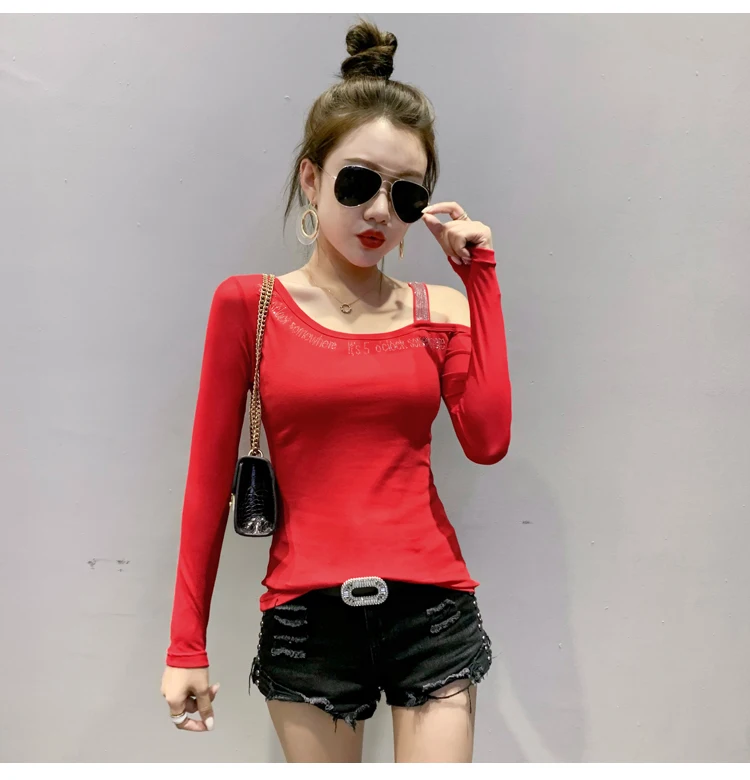 2020 Autumn New women tops Fashion long sleeve sexy off the shoulder women t-shirt hot drilling Elegant slim women clothing
